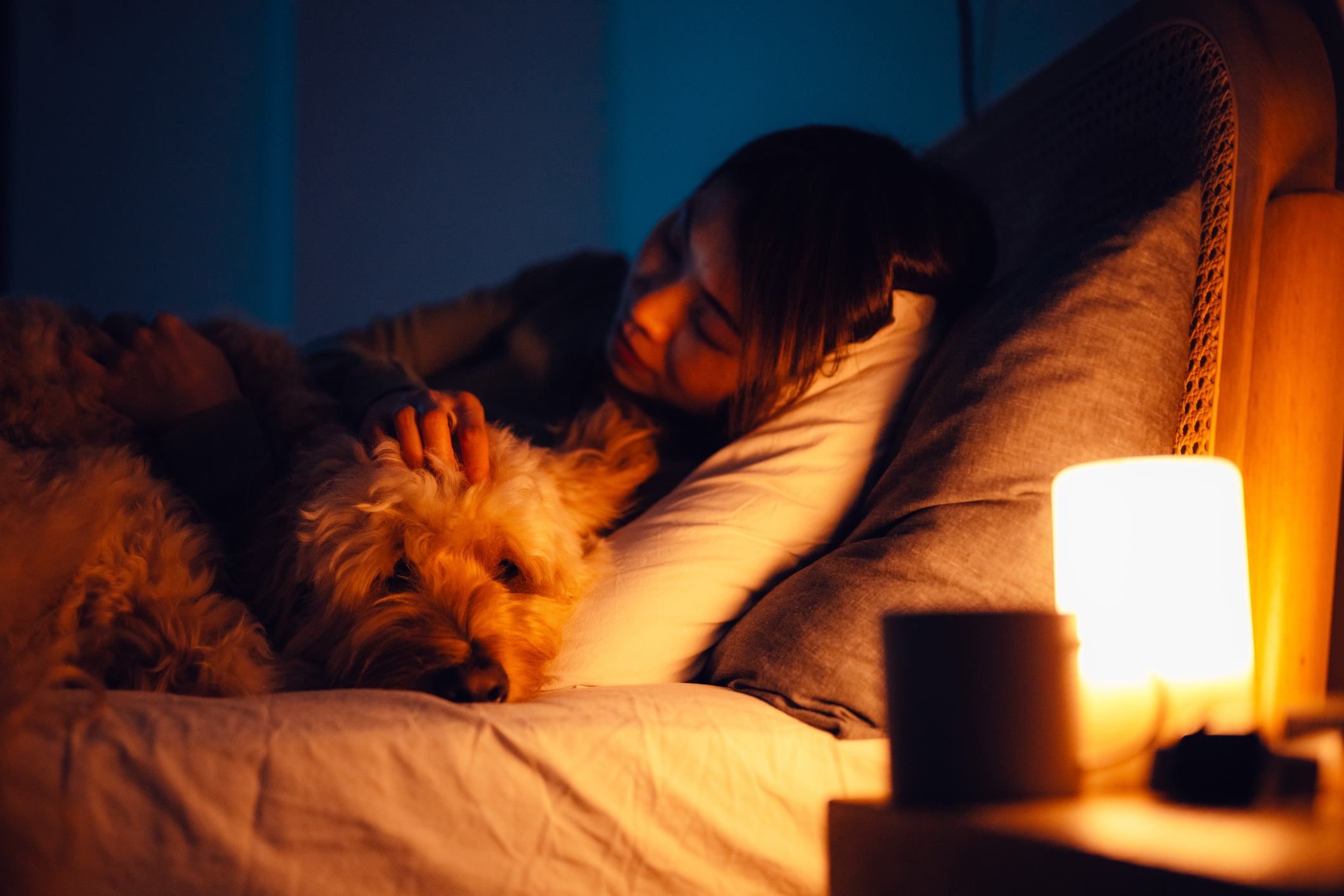 A woman and her dog lying in bed together with a lamp on