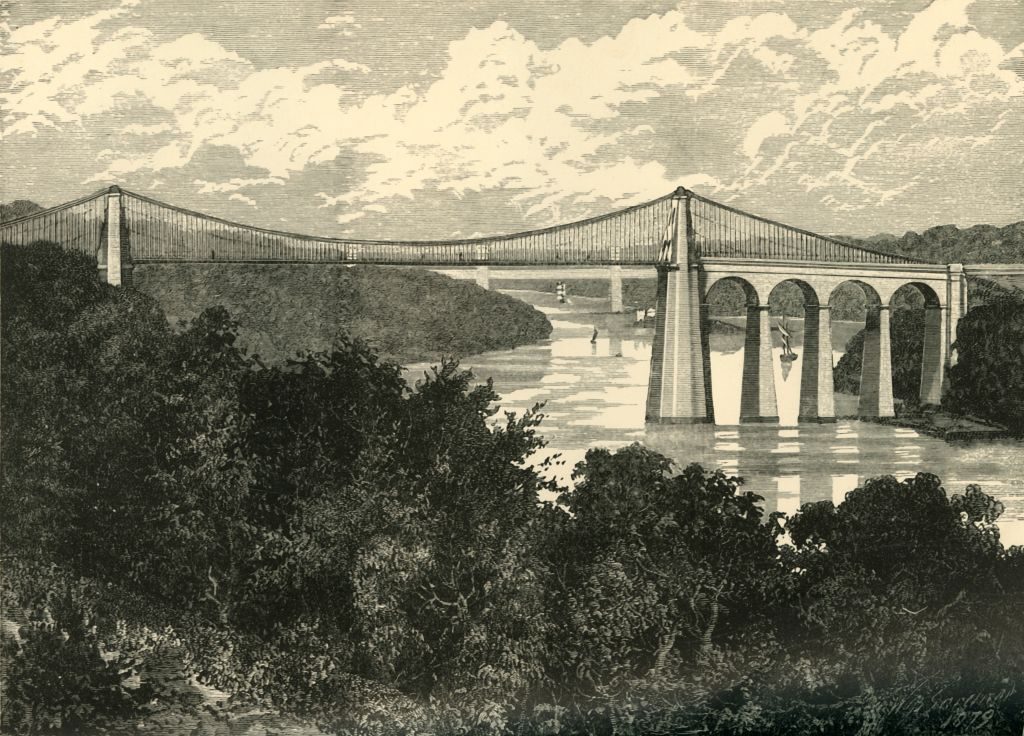 Black and white illustration of The Menai Suspension Bridge', 1898