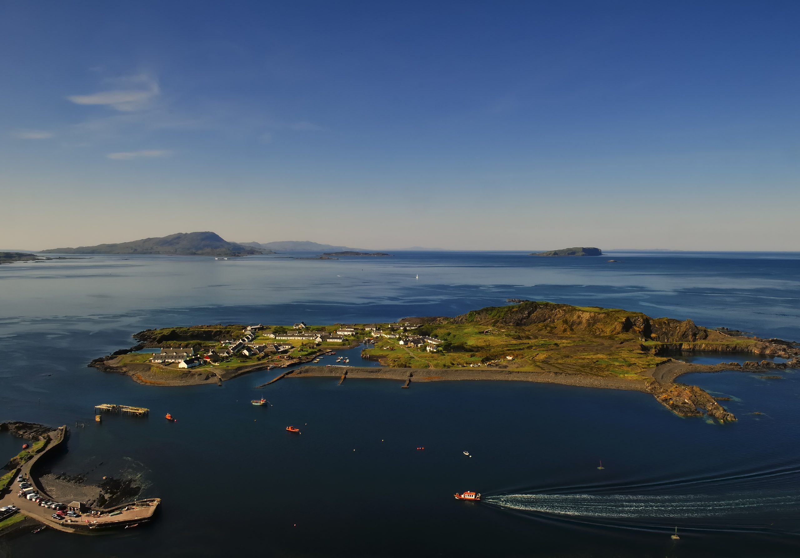 Aerial view of The Island of Easdale on the Argyle coast of Western Scotland.