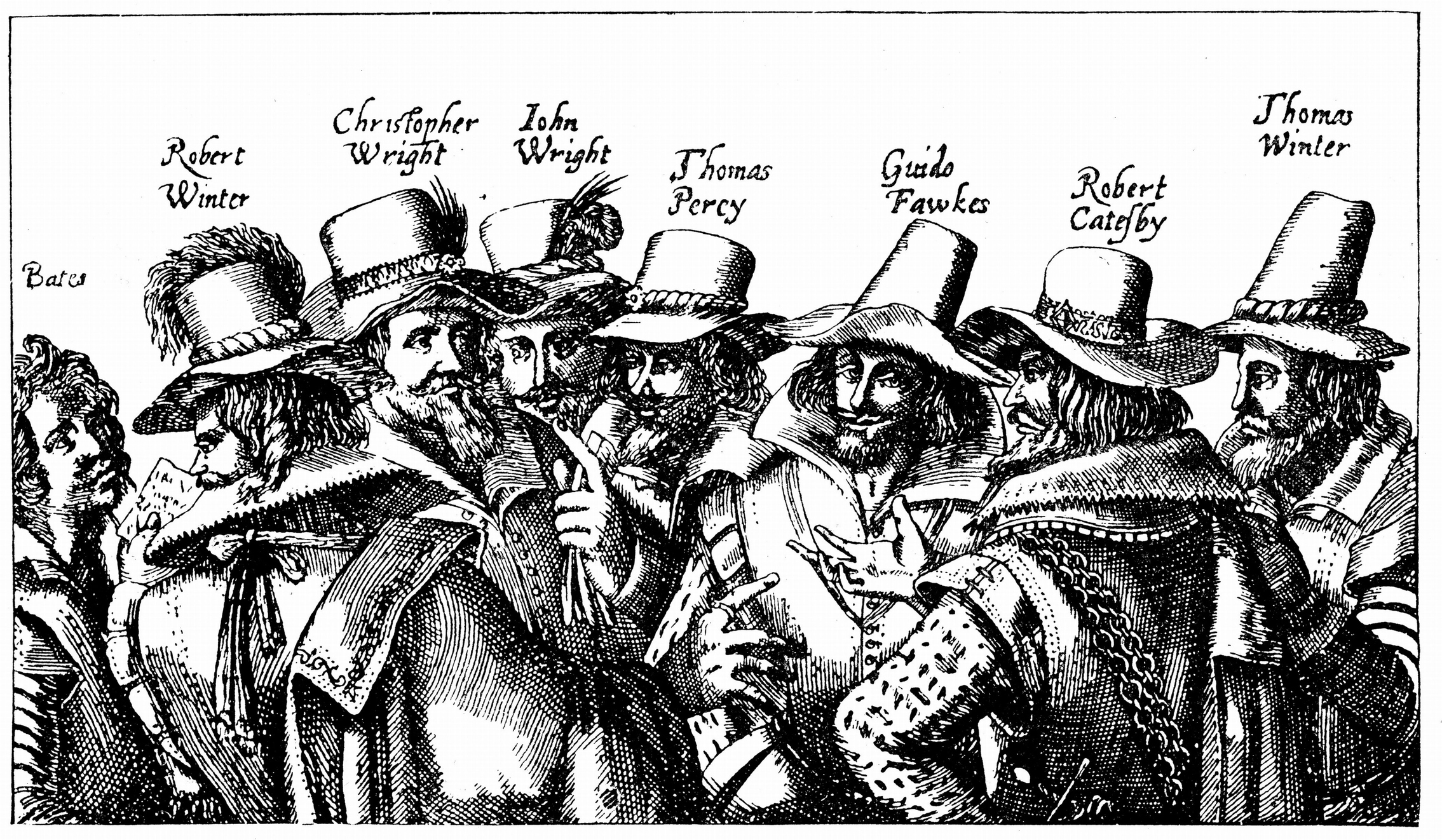 An illustration of the conspirators for the gunpowder plot.