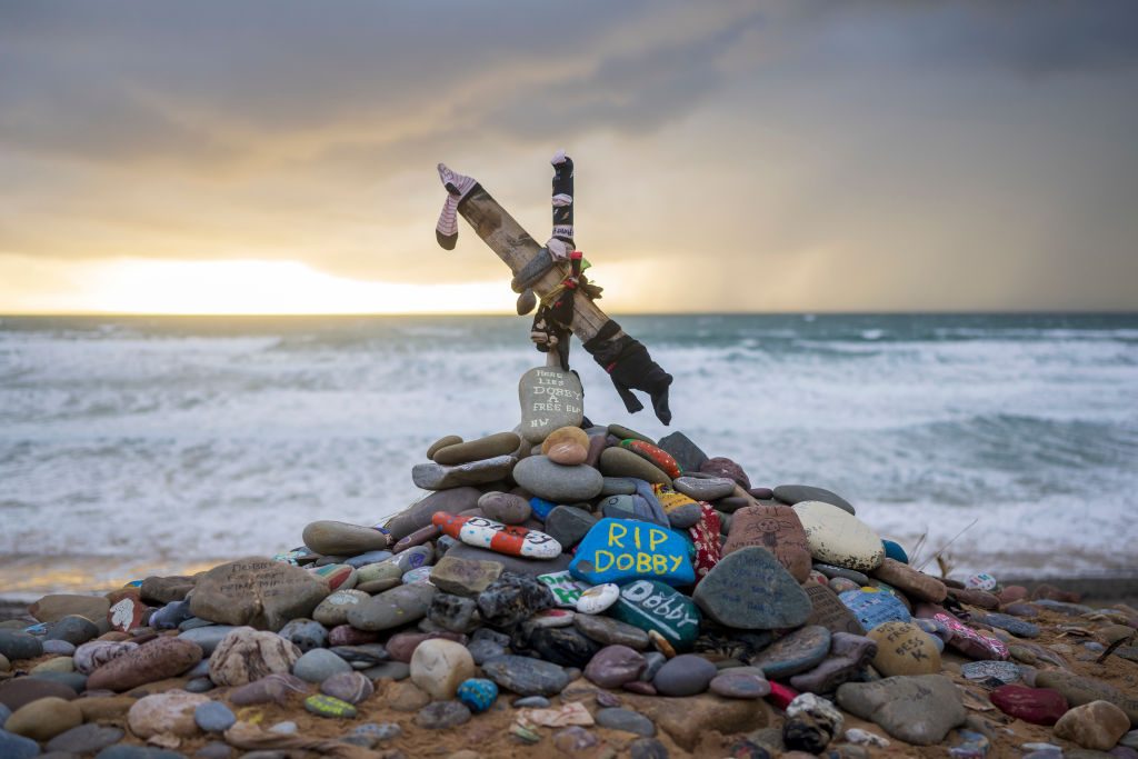 A memorial for Dobby, a fictional house elf from the Harry Potter fantasy novels and films, at Freshwater West beach