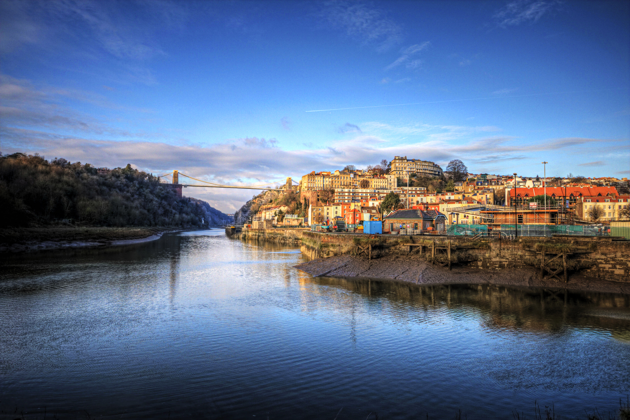 The city of Bristol seen in the evening with the Clifton Suspension Bridge in the background