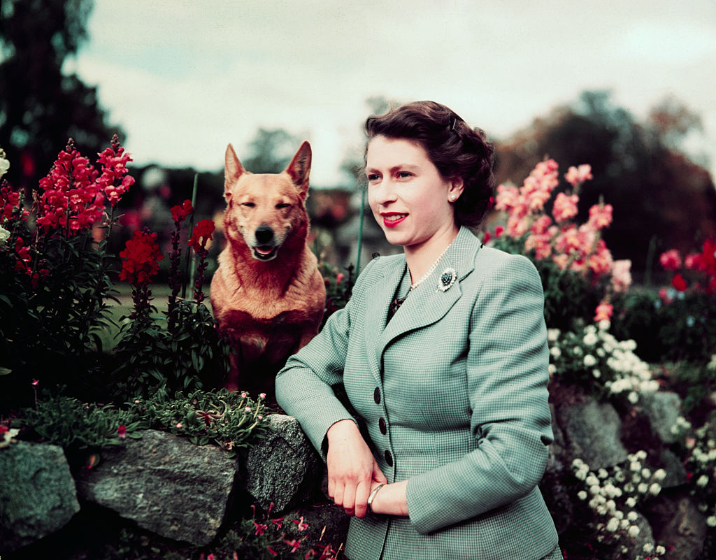 Queen Elizabeth in garden with gog