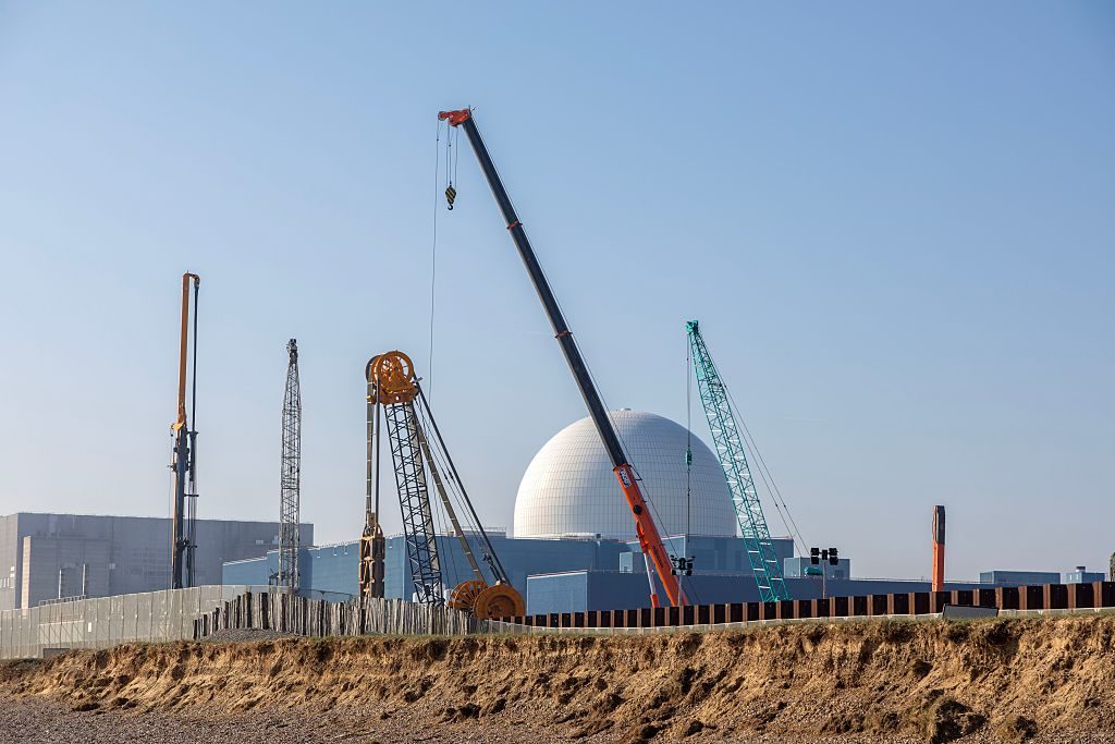 Preparatory construction work at Sizewell C nuclear power station, with the Sizewell B dome in background