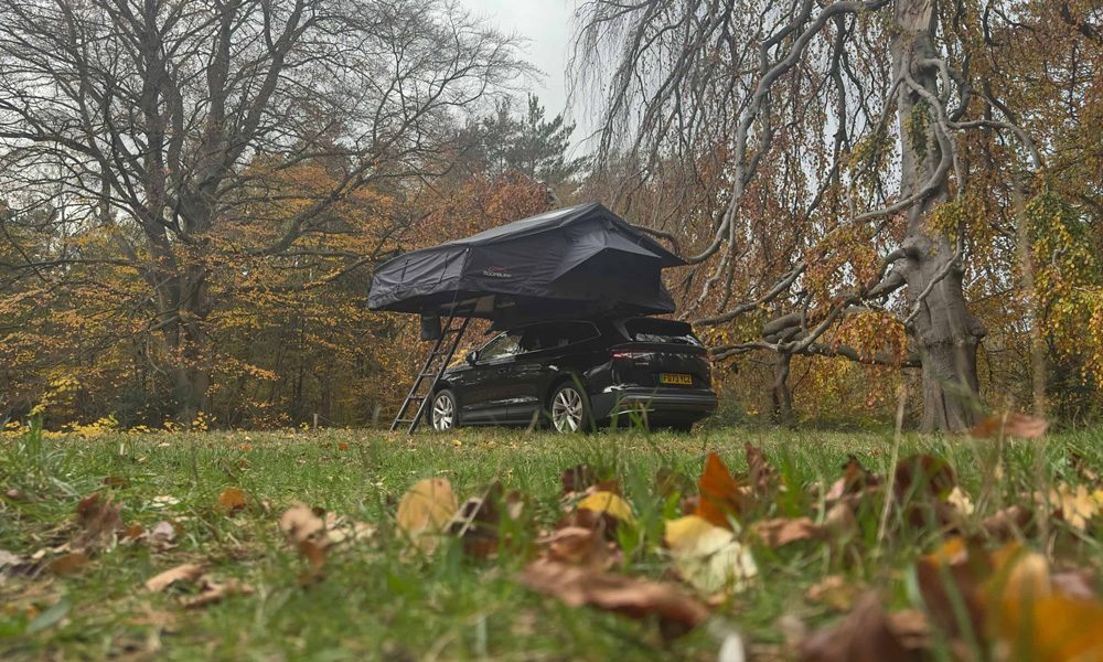Black car parked a little distance away on grass scattered with autumn leaves, with a black tent box on the car roof, under trees