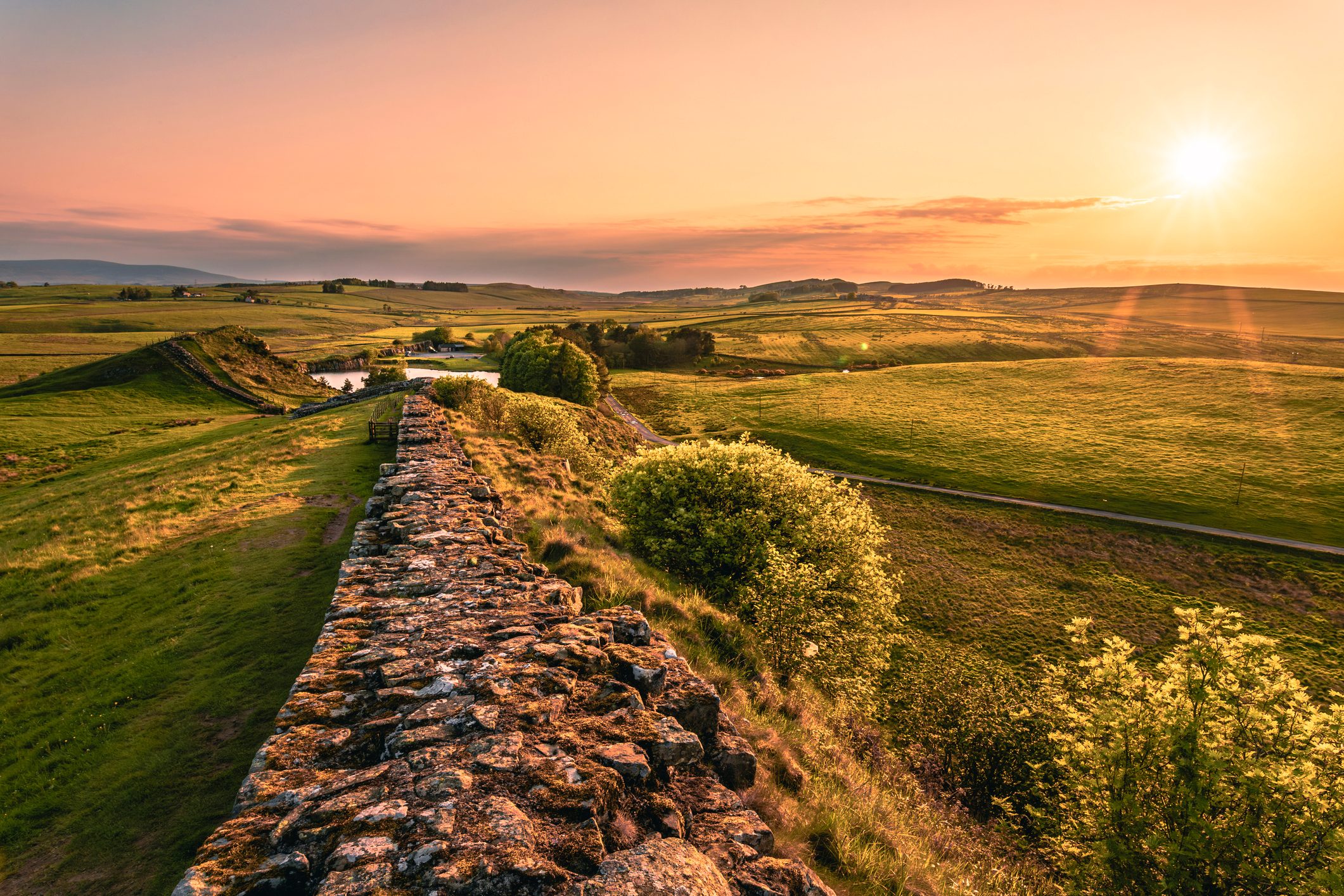 The view of the Hadrian's Wall in the sunset near Cawfield Quarry