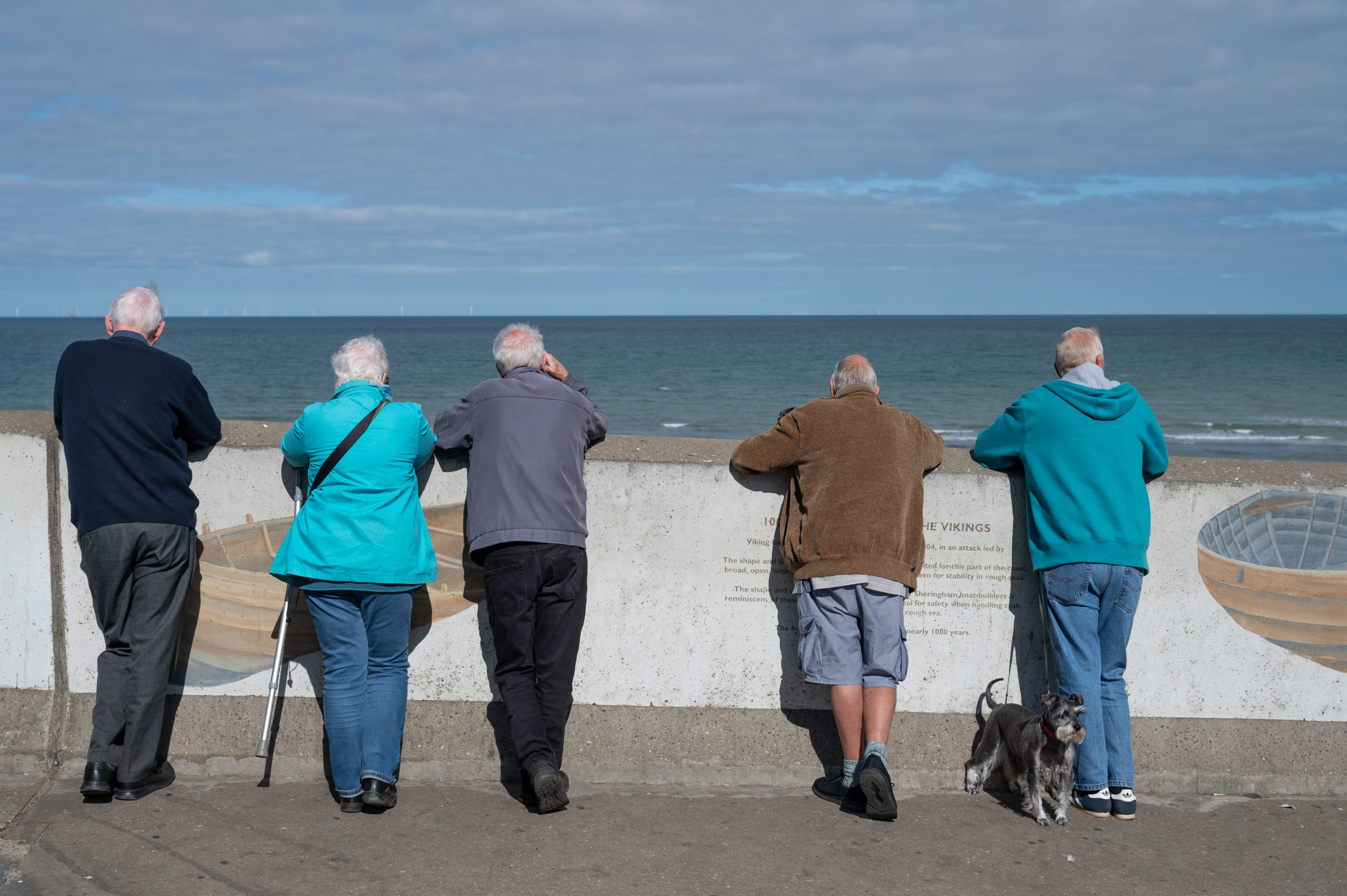 A row of senior citizens against a wall looking out to see with a dark grey schnauzer dog