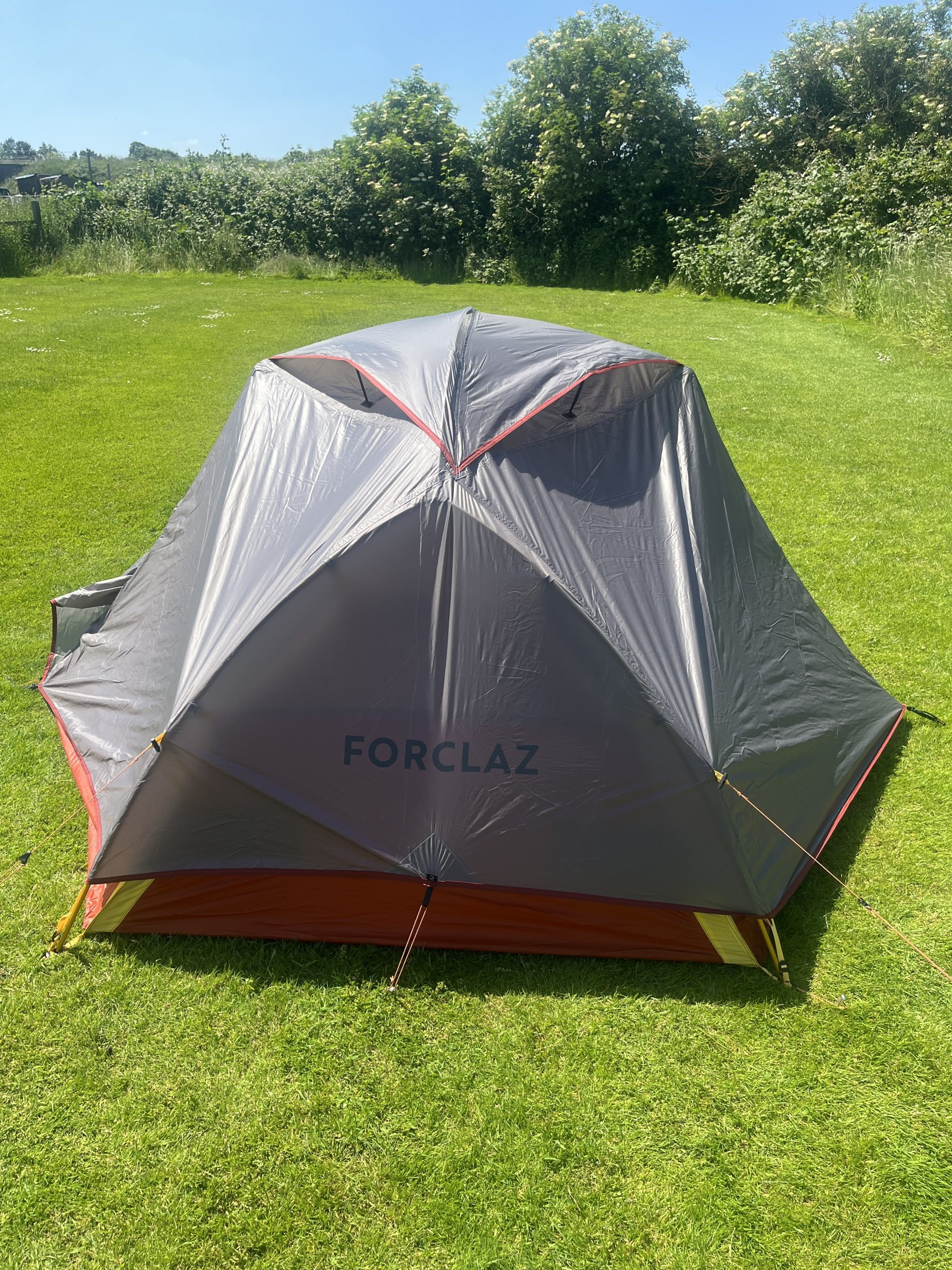 Rear view of two-person tent