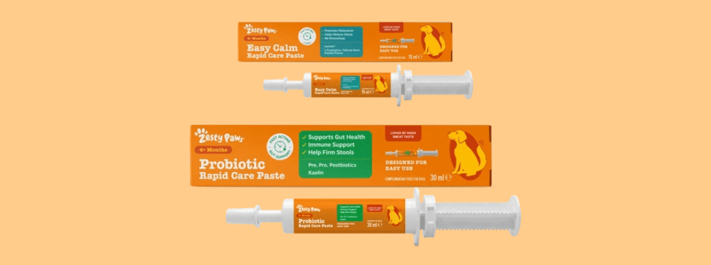 Zesty Paws Probiotic and Easy Calm paste duo pack.