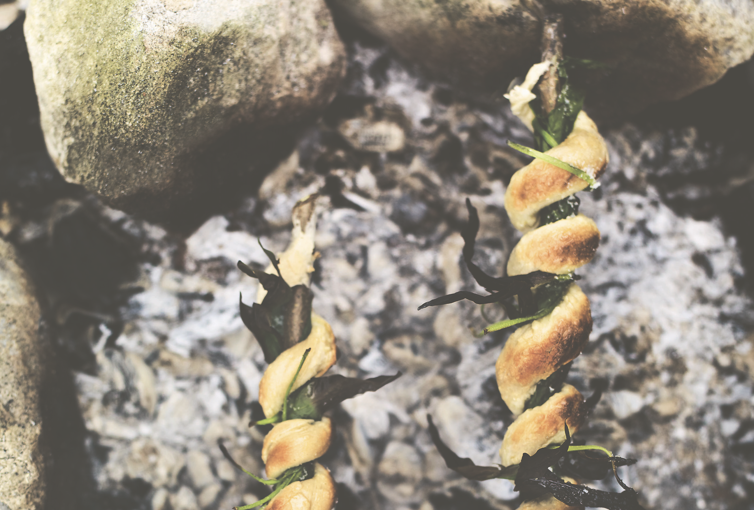 Wild garlic bread sticks over a campfire