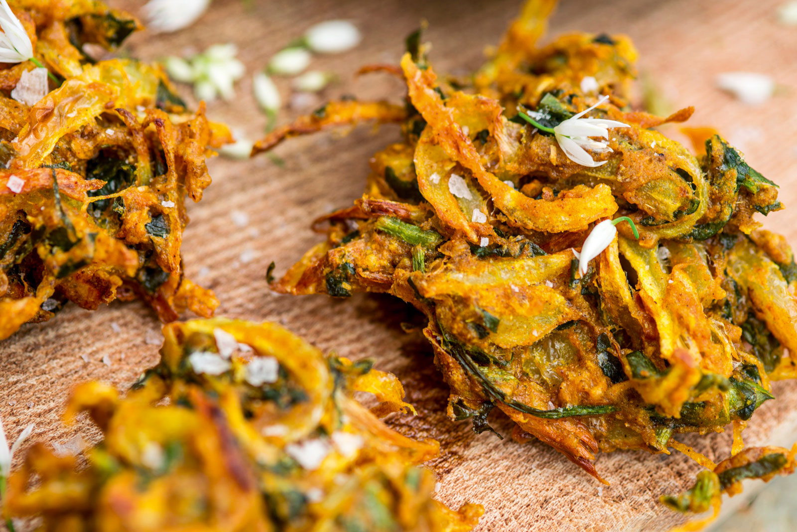 Wild garlic and onion bhaji with wild garlic raita
